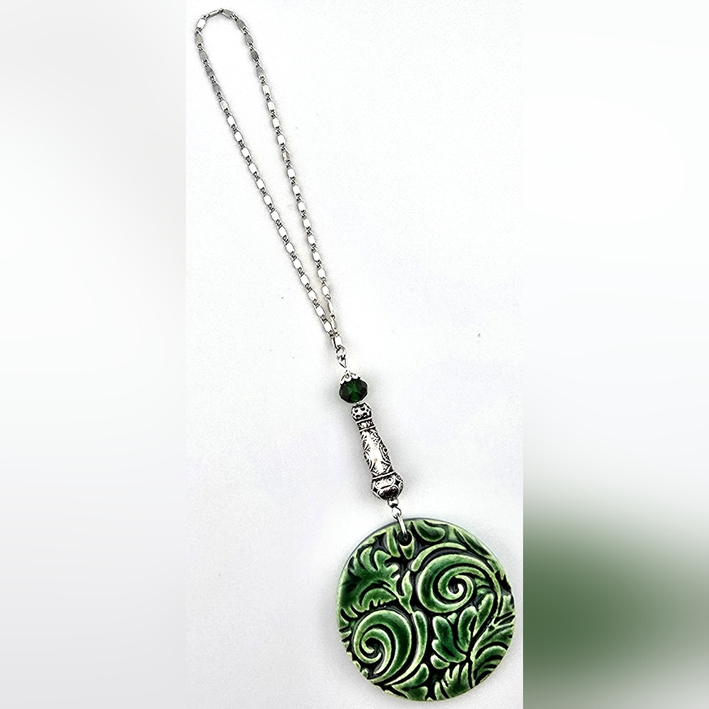 Handmade Kiln Fired Green Ceramic Beaded Christmas Ornament with Silver Chain - Picture 2 of 5